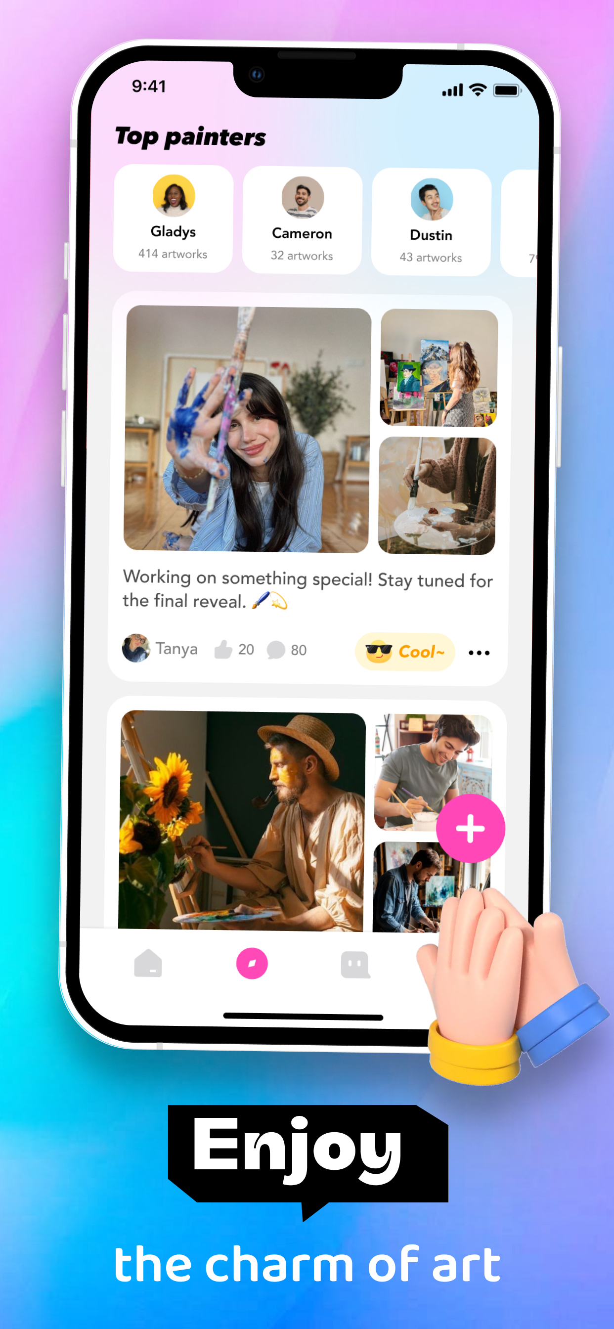 Social media app showing user posts about art